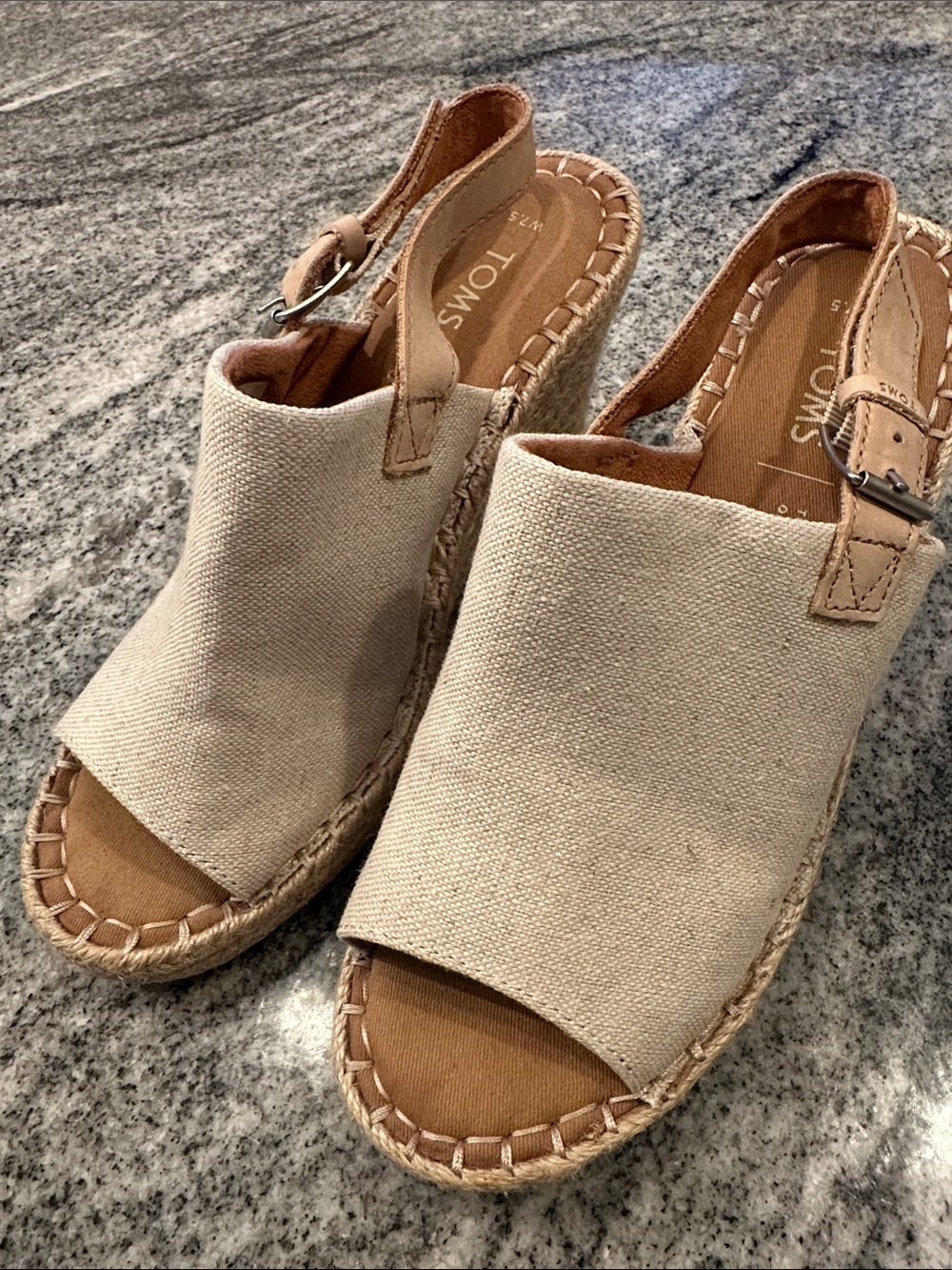 TOMS Beige Canvas Espadrille Slingback Wedge Sandals